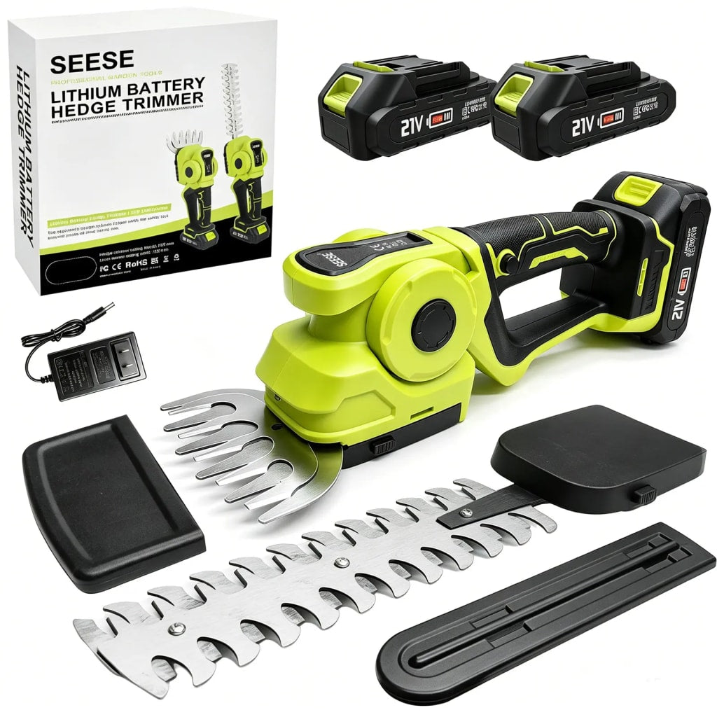 SEESE Cordless 2-in-1 Grass Shear & Shrub Trimmer, Handheld Electric Hedge Trimmer
